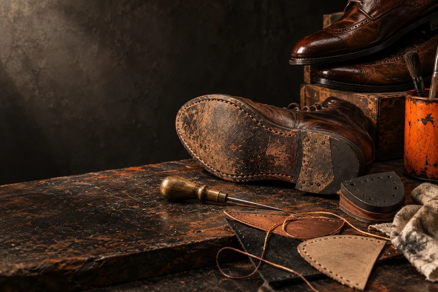 Illustrative cobbler workbench with worn leather shoe, sole, heel cap, awl and leather scraps.